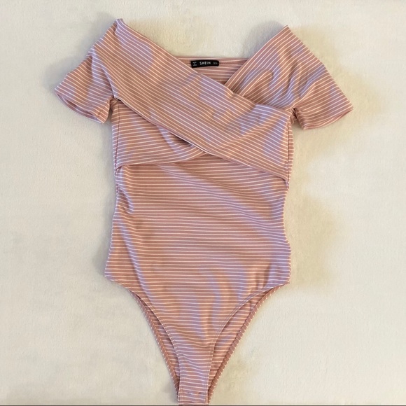 Pink w/White Stripes Off Shoulder Bodysuit, M(6) - Picture 5 of 8